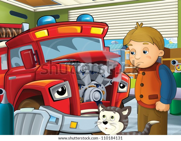 The red\
fire truck is sick and waiting with his friends for the car doctor\
- colorful illustration for the\
children