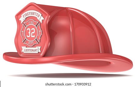 Red Firefighter Helmet. Firefighter Helmet. Classic Red With Badge. Isolated.