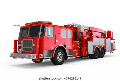 Red Firetruck Perspective Front View Isolated On A White Background