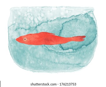 Red Fish In A Fish Bowl Watercolor Illustration