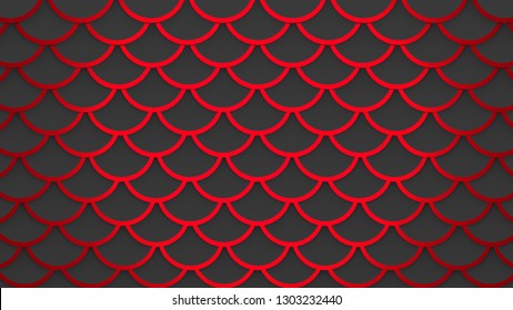 Red Fish Scales Dark Gray Pattern Marine Background Horizontal 3D Illustration