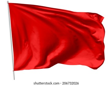 Red Flag On Flagpole Flying In The Wind Isolated On White, 3d Illustration