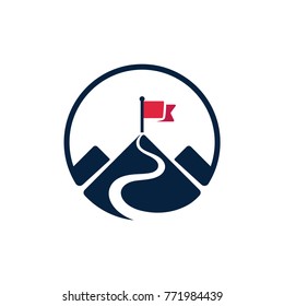 Red Flag On Mountain Top, Simple Logo. Path To Achieving Goals, Success Concept. Isolated Icon Symbol.