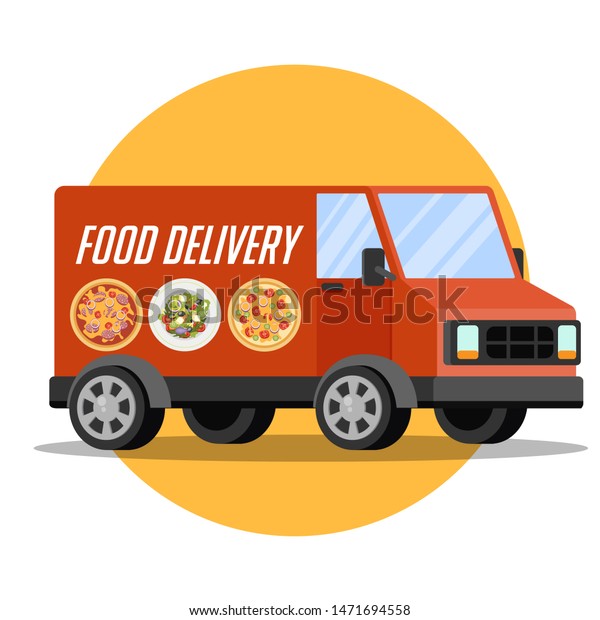 Red\
food delivery truck from the transportation service. Fast delivery\
on the side. Shipping concept. Flat \
illustration