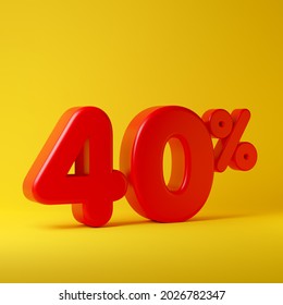 Red forty percent or 40 % isolated over yellow background. 3D rendering.
