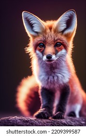 Red Fox Portrait. Cute Baby Of Fox Sitting On Stone.  3D Rendering Of Adorable Furry Fox Pup.