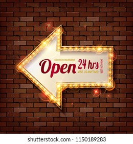 Red frame arrow open with light bulbs on the background of the brick wall. Raster copy