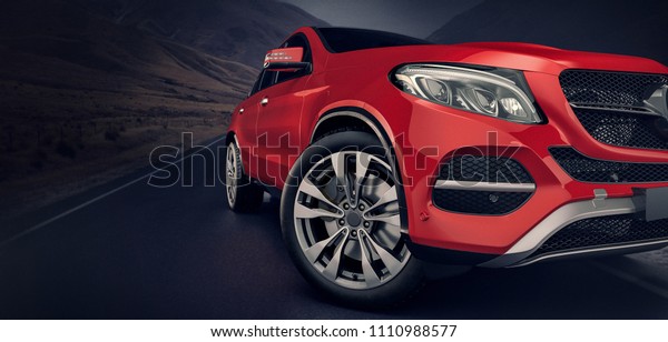 red front cars running on the road. 3d\
rendering and\
illustration.