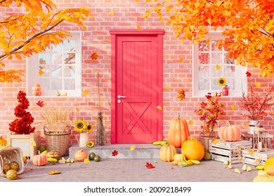 Red front door with Autumn seasonal decorations, pumpkins and falling leaves. Thanksgiving day colorful background 3d render 3d illustration