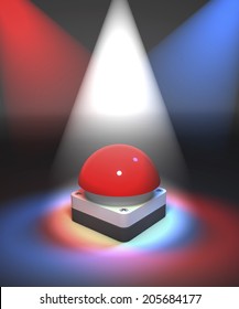 Red Game Show Buzzer In Colorful Spotlight, White, Red, Blue, 3d Rendering