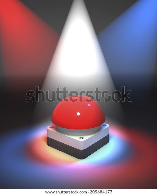 Red game show buzzer in colorful spotlight,\
white, red, blue, 3d\
rendering