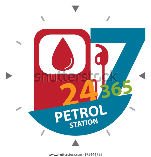 Red Gasoline Station\
or Petrol Station Sign With Colorful 24 Hours A Day, 7 Days A Week,\
365 Days A Year Petrol Station Label, Sign or Icon Isolated on\
White Background 