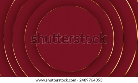 Red geometric background made of circles. luxury vector abstraction, podium top view. Expensive elite burgundy color, with gold accents. Round 3D cylindrical staircase shiny yellow. 4k,