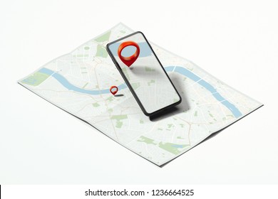 Red Geotag Or Map Pin In Black Mobile Phone On Realistic Map. 3d Rendering.