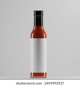 red glass bottle with a black cap and a blank white label. The bottle is standing upright against a neutral gray background.red glass bottle with a black cap and a blank white label. The bottle is sta