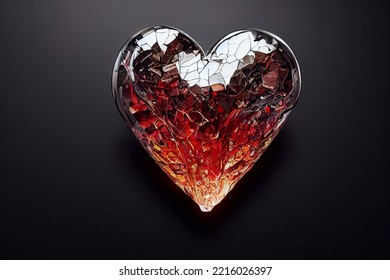 A Red Glass Heart On A Dark Gray Background. The Glass Is Cracking, Symbolising A Broken Heart. Abstract Conceptual Artwork.