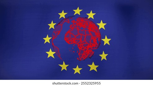 Red globe image over European Union flag with yellow stars. digital, image, technology, motion, global, international