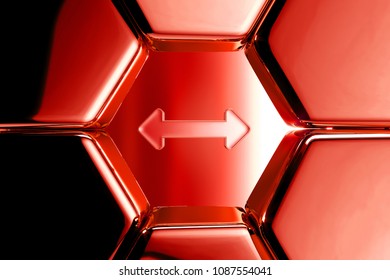 Red Glossy Horizontal Arrows Icon In The Metalic Honeycomb. 3D Illustration Of Red Arrows, Bi Directional, Horizontal, Pass Icons On Geometric Hexagon Pattern.