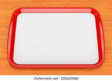 Red Glossy Plastic Fast Food Tray With Blank White Advertising Paper Liner On Wooden Table Surface. 3D Illustration