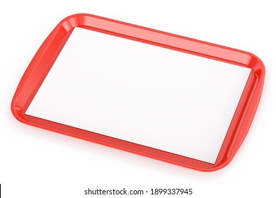 Red Glossy Plastic Fast Food Tray With Blank White Advertising Paper Liner On Isolated On White Background. 3D Illustration