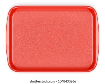 Red glossy plastic food tray isolated on white background. Top view. 3D illustration