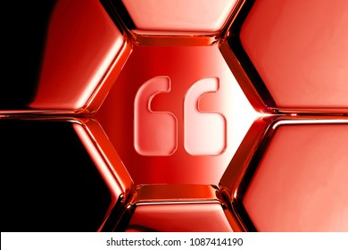 Red Glossy Quote Left Icon In The Metalic Honeycomb. 3D Illustration Of Red Left Quotes Mark, Quotation Mark, Quote Sign, Quotes Icons On Geometric Hexagon Pattern.