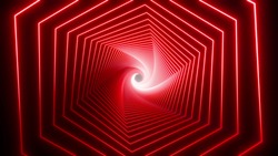 Red Glow Hexagon Tunnel Loop. Seamless 4K Animation. Abstract Motion Screen Background With Animated Loop Box. Glowing Neon Frames With Bright Colors On A Black Background. 3D Rendering