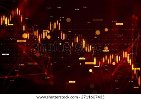 Red glowing candlestick chart on dark backdrop with falling graph lines and data points, reflecting market crash and financial crisis concept. 3D Rendering