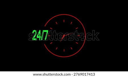 A red glowing clock with hour and minute hands and 247 text on a dark background Clear details and vibrant colors enhance visual appeal.