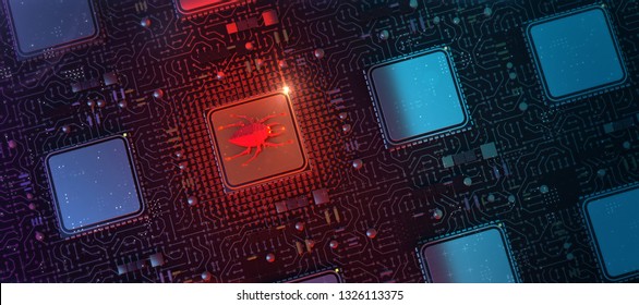 red glowing compiter bug on infected chip in cyberspace 3d redner. spyware, malware, virus trojan, keylogger, hacker attack illustration.