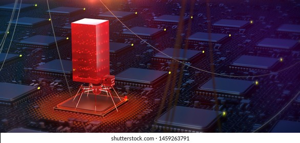 red glowing compiter bug on infected chip in cyberspace 3d redner. spyware, malware, virus trojan, keylogger, hacker attack illustration