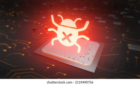 Red Glowing Computer Bug On Infected Chip In Cyberspace 3d Render.