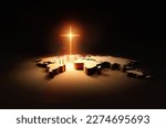 Red glowing holy cross of Jesus Christ and world map and global missions, gospel and evangelism concept 3D rendering