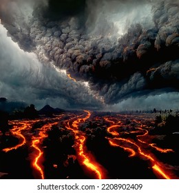 Red Glowing Lava With Thick Black Smoke