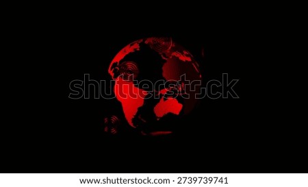 A red glowing map with radiating circular signal waves on a dark background showing continents and communication patterns