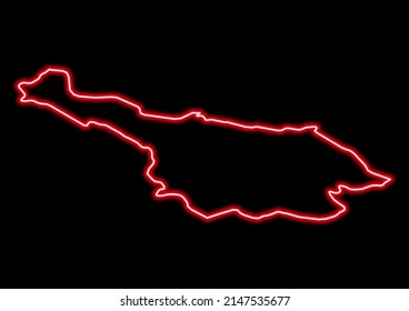 Red glowing neon map of Cavan Ireland on black background.