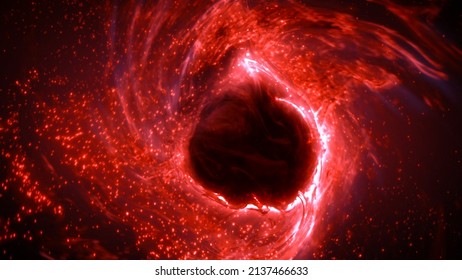 Red Glowing Particles Orbiting Hot Burning Glowing Plasma Nucleus With Mysterious Matter. Concept 3D Illustration Of Nuclear Fusion Process In Artificial Sun Reactor And Scientific Research Experiment