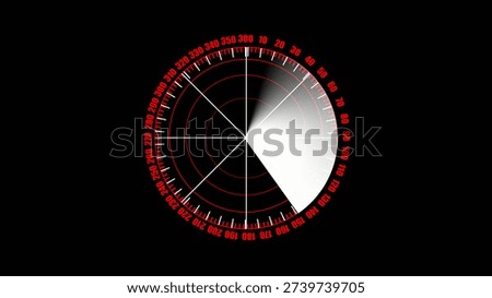 A red glowing radar screen with a sweeping beam and degree markings from 0 to 360 on a black background