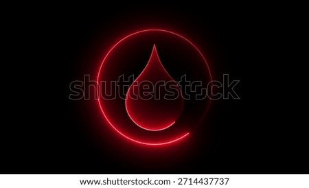 A red glowing teardrop shape inside a red neon circle on a black background with striking luminosity