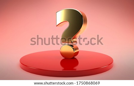 Red and gold 3d rendering podium in abstract pink background with interrogation sign . 3d illustration