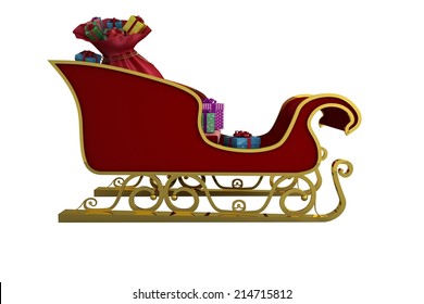 Red And Gold Santa Sleigh On White Background