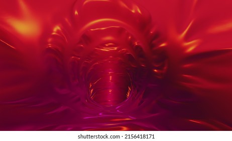Red golden tunnel, tunnel flight, sci-fi pharynx or intestines or veins of alien or predator. 3d High quality image