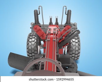 Red grader to align the road view from the cab 3D rendering on blue background with shadow