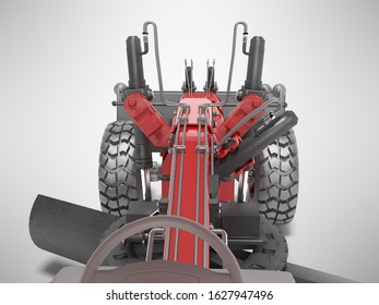 Red grader to align the road view from the cab 3D rendering on gray background with shadow