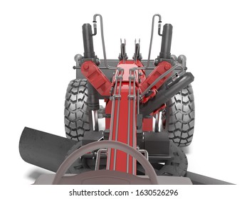 Red grader to align the road view from the cab 3D rendering on white background with shadow