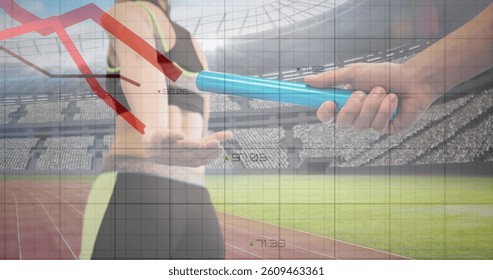 Red graphs moving over grid network against silhouette of hand passing a baton against sports field. sports competition and tournament concept
