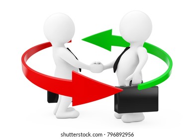 Red And Green Arrows Around 3d Businessman Characters Shaking Hands On A White Background. 3d Rendering.