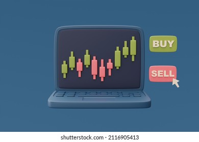 Red And Green Candlestick Trade Chart On Computer Laptop Screen With Words SELL And BUY,Stock Market,Forex,online Trading Concept,minimal Style,3d Rendering.