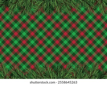 Red and green checkered pattern background with Christmas tree decoration
