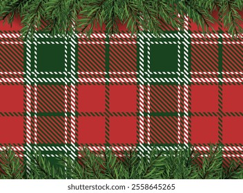 Red and green checkered pattern background with Christmas tree decoration